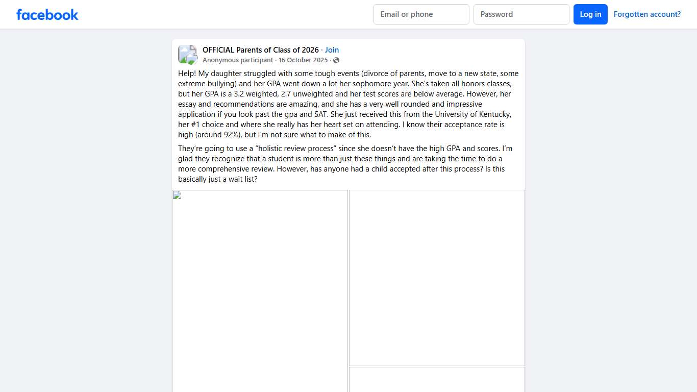 OFFICIAL Parents of Class of 2026 Help! My daughter struggled with some tough events (divorce of parents, move to a new state, some extreme bullying) and her GPA went down a lot her so... Facebook